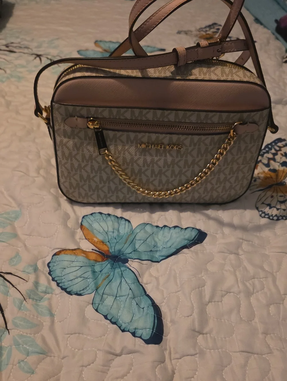 Michael Kors Beige Canvas Crossbody with Pink Trim and Gold Chain